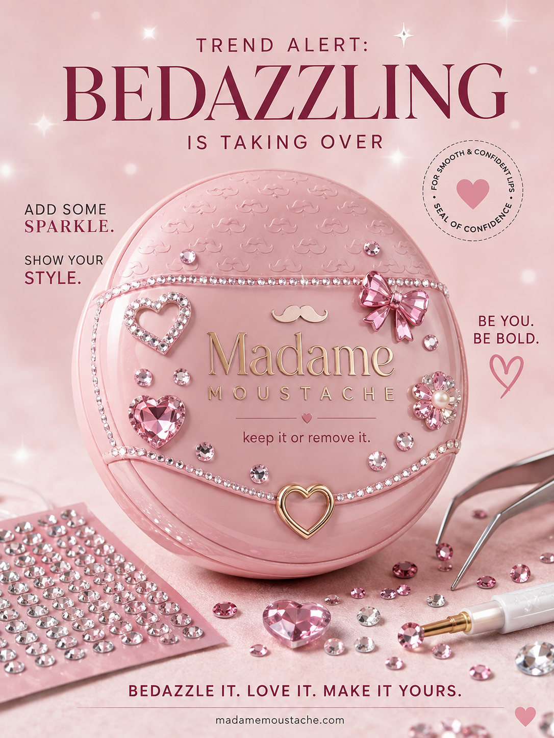 Bedazzled rhinestone Madame Mustache Paris compact