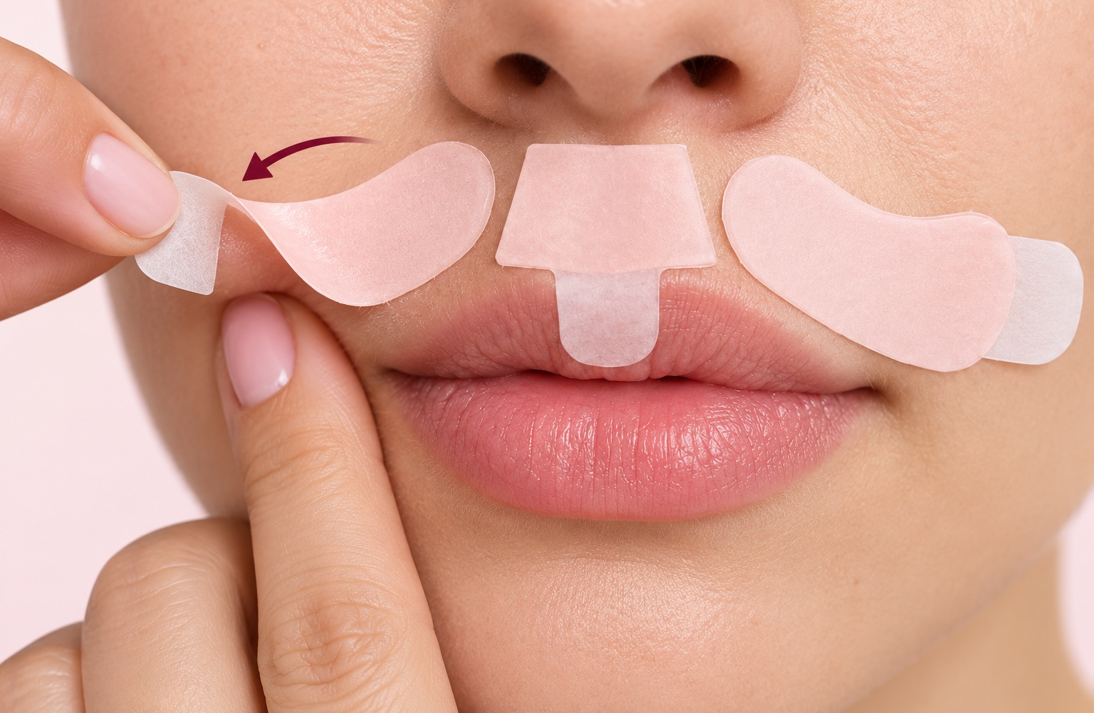 An upper-lip strip being removed using its clear grip tab