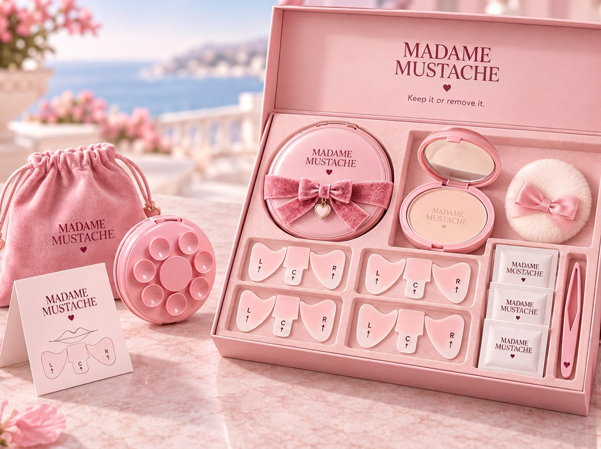 The complete Madame Mustache starter kit open beside its reusable pouch